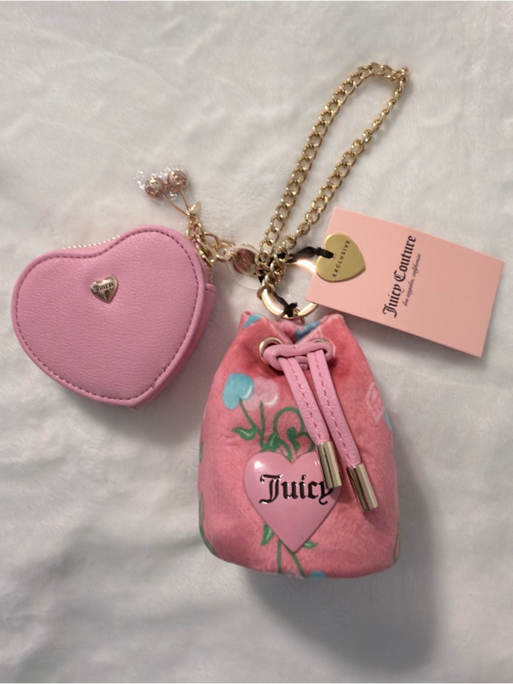 Juicy Couture Pink Cherry Heart Charm Keychain and Coin Pouch